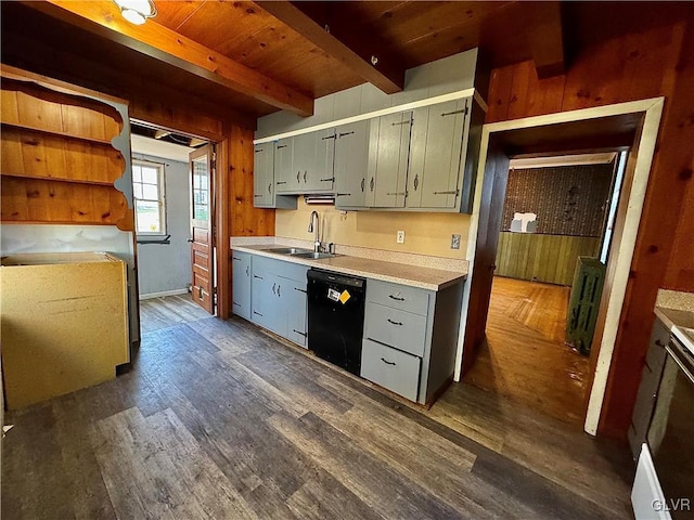 kitchen featuring black dishwasher, wood walls, sink, beamed ceiling, and dark hardwood / wood-style floors