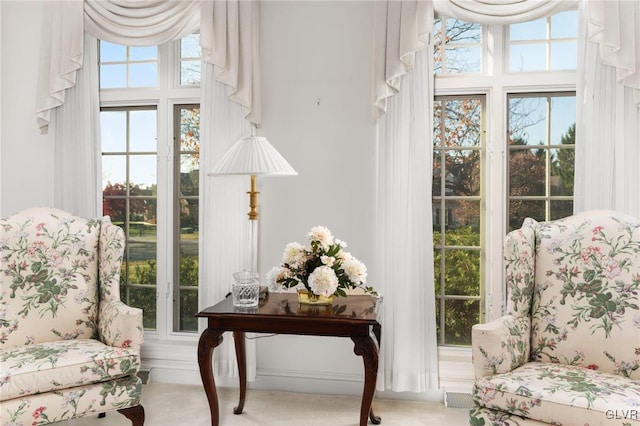 living area with a wealth of natural light and carpet