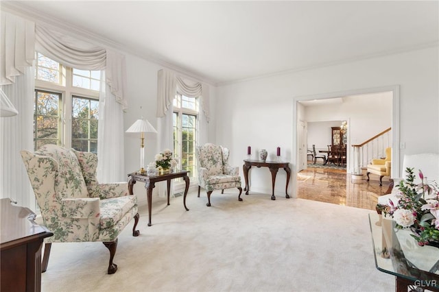 sitting room with carpet and ornamental molding