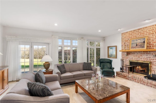 carpeted living room with a fireplace