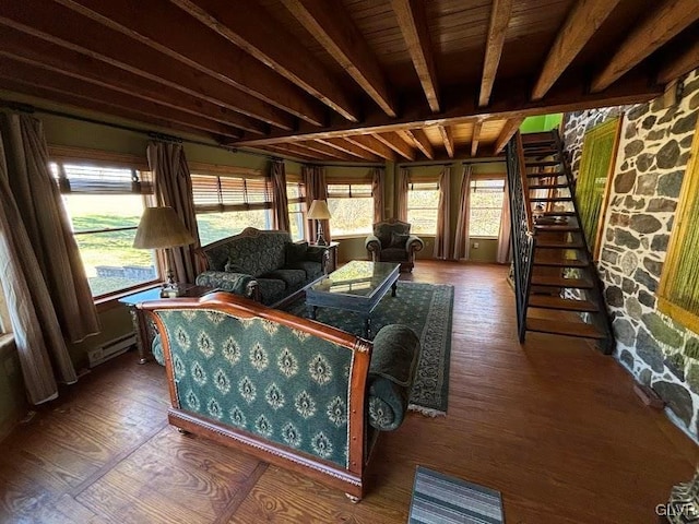 living room with beamed ceiling, baseboard heating, dark hardwood / wood-style floors, and wooden ceiling