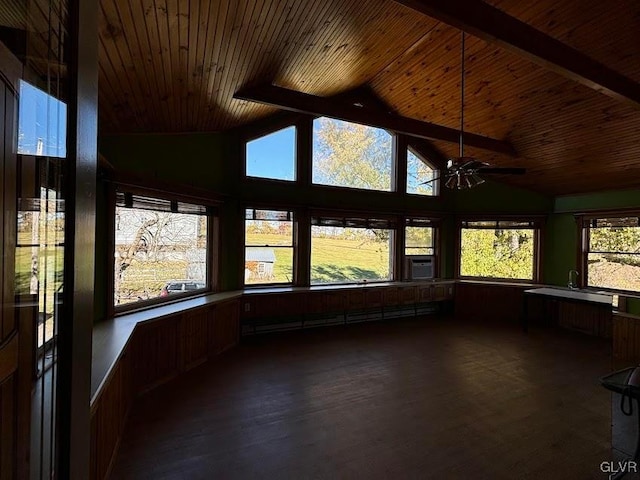 unfurnished sunroom with baseboard heating, lofted ceiling with beams, ceiling fan, and wood ceiling