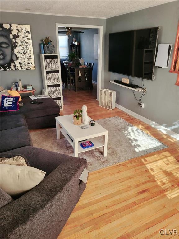 living room featuring a textured ceiling, hardwood / wood-style floors, and ceiling fan