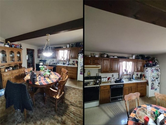 kitchen featuring hanging light fixtures, white appliances, sink, and a wealth of natural light