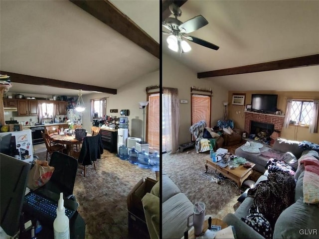 living room featuring a wall mounted air conditioner, ceiling fan, carpet, a fireplace, and vaulted ceiling with beams