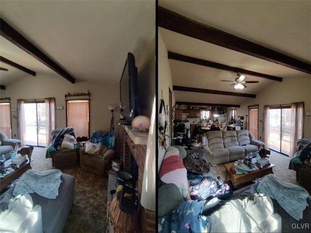 living room featuring a wealth of natural light, vaulted ceiling with beams, and ceiling fan