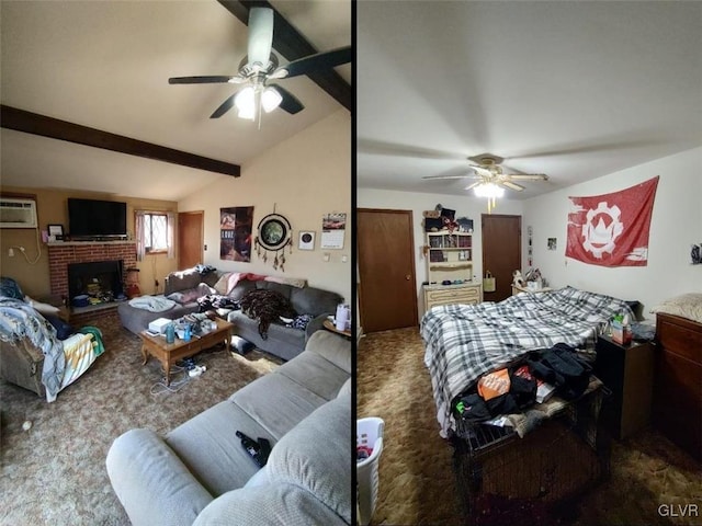 carpeted bedroom featuring lofted ceiling with beams, a wall mounted air conditioner, ceiling fan, and a brick fireplace