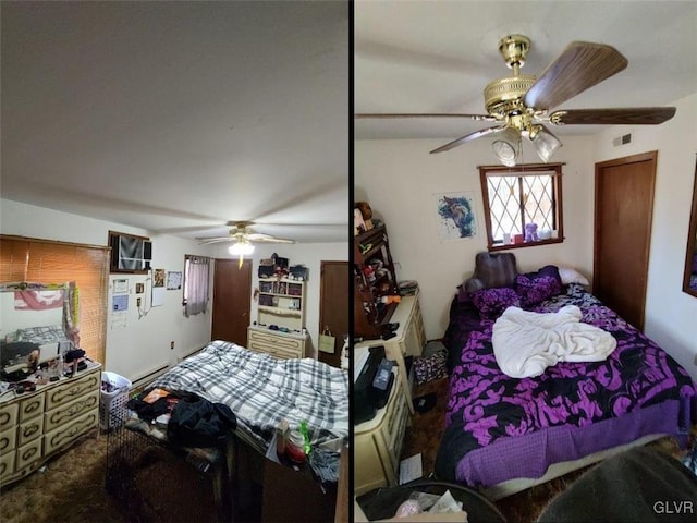 bedroom with a baseboard heating unit and ceiling fan