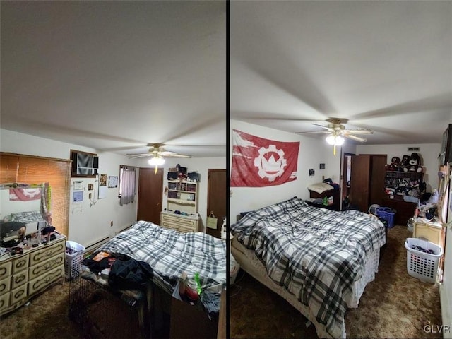 bedroom with ceiling fan, carpet flooring, and a baseboard heating unit