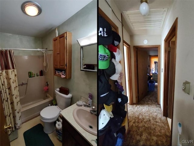 full bathroom with toilet, vanity, and shower / bathtub combination with curtain