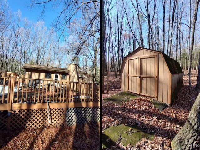 view of yard with a deck and a storage shed