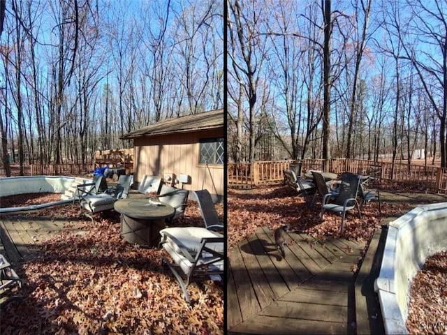 deck featuring a shed