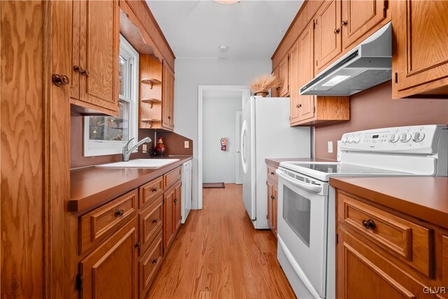 kitchen with light wood-type flooring, sink, and white appliances