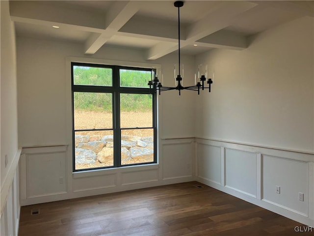 unfurnished dining area with dark wood-type flooring, beam ceiling, a notable chandelier, and coffered ceiling