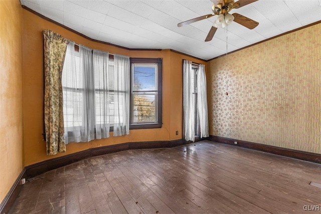 824 Wolf Ave, Easton, PA 18042 - empty room featuring wood-type flooring, crown molding, ceiling fan, baseboards, and wallpapered walls