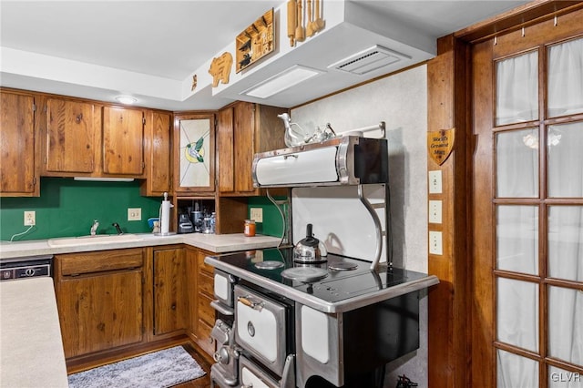 kitchen with sink, white dishwasher, and ventilation hood