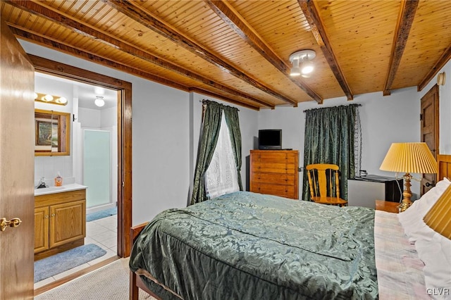 bedroom featuring beamed ceiling, sink, wooden ceiling, and light tile patterned flooring