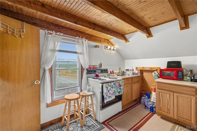 kitchen featuring white electric range oven, wood ceiling, sink, and vaulted ceiling with beams