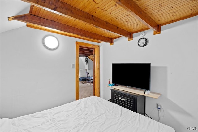 bedroom with wooden ceiling and beam ceiling