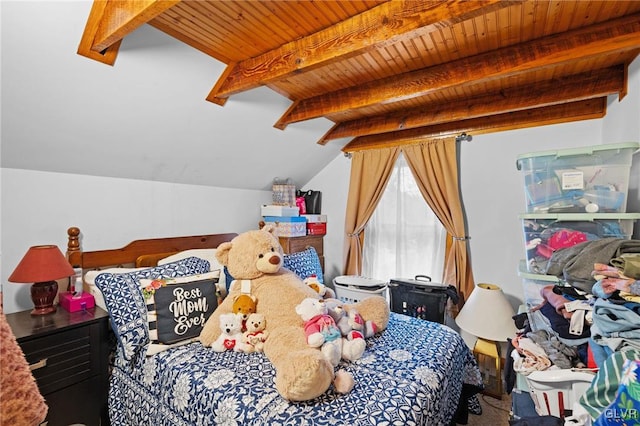 bedroom with lofted ceiling with beams and wood ceiling