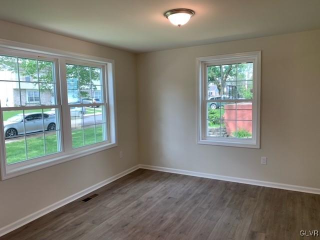 unfurnished room with a healthy amount of sunlight and dark wood-type flooring