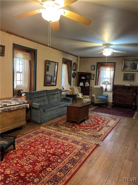 living room with ceiling fan, plenty of natural light, and hardwood / wood-style flooring