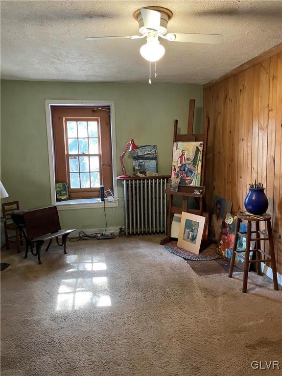 misc room with a textured ceiling, carpet floors, ceiling fan, and wooden walls