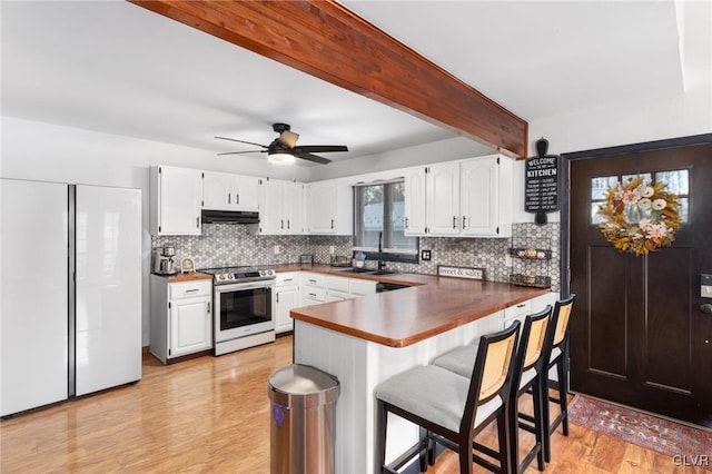 kitchen with beamed ceiling, kitchen peninsula, light hardwood / wood-style floors, stainless steel electric stove, and white cabinets