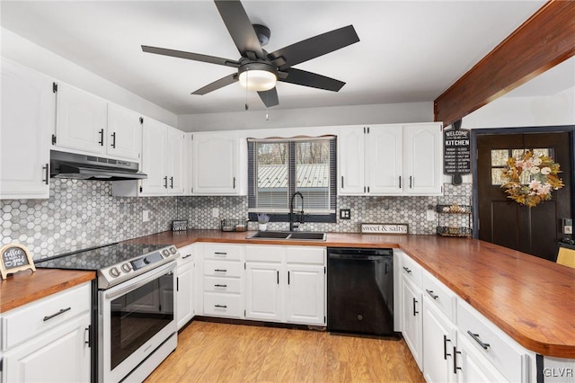 kitchen featuring stainless steel electric stove, sink, light wood-type flooring, black dishwasher, and white cabinetry