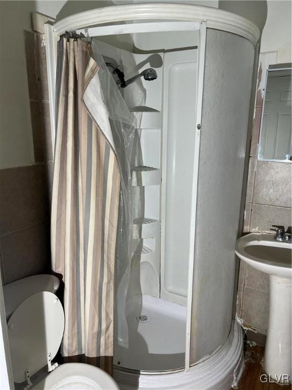 bathroom with toilet, walk in shower, and sink