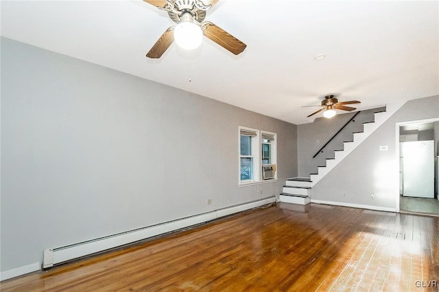 unfurnished living room featuring hardwood / wood-style floors, ceiling fan, cooling unit, and a baseboard radiator