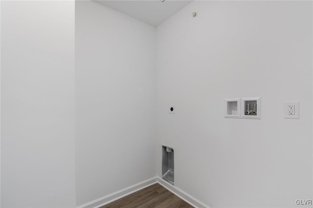 laundry room featuring washer hookup, electric dryer hookup, and dark wood-type flooring