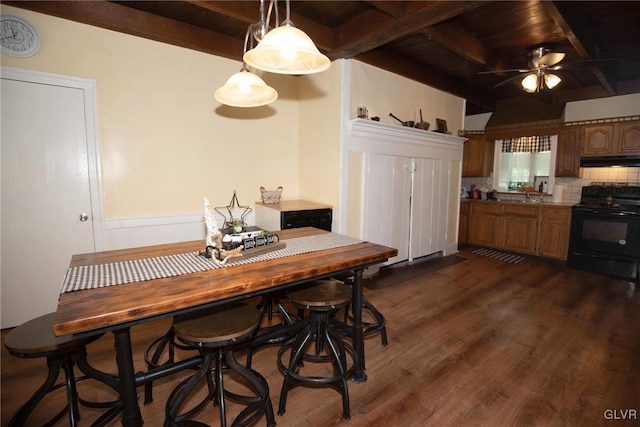 kitchen with wooden ceiling, dark wood-type flooring, black range with electric stovetop, decorative backsplash, and beam ceiling