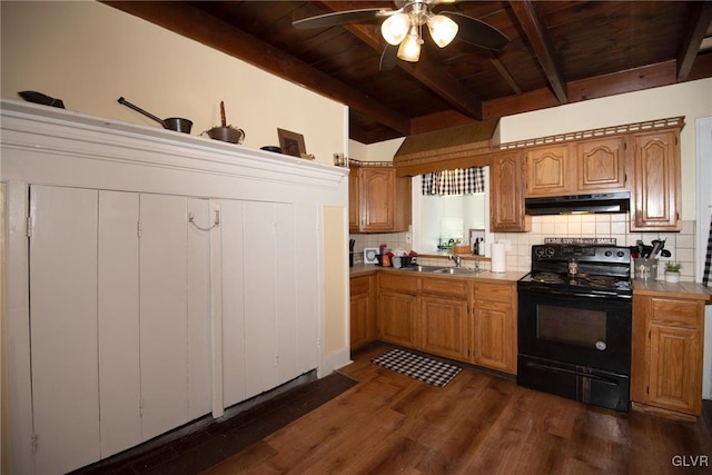 kitchen featuring backsplash, ceiling fan, wooden ceiling, dark hardwood / wood-style floors, and black / electric stove