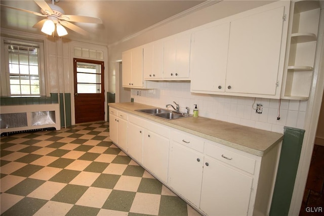 kitchen with white cabinetry, sink, radiator heating unit, tasteful backsplash, and crown molding