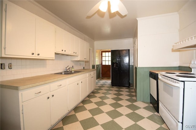 kitchen with white cabinetry, sink, ceiling fan, crown molding, and black appliances