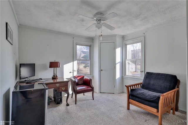 living area featuring a textured ceiling, ceiling fan, a healthy amount of sunlight, and crown molding