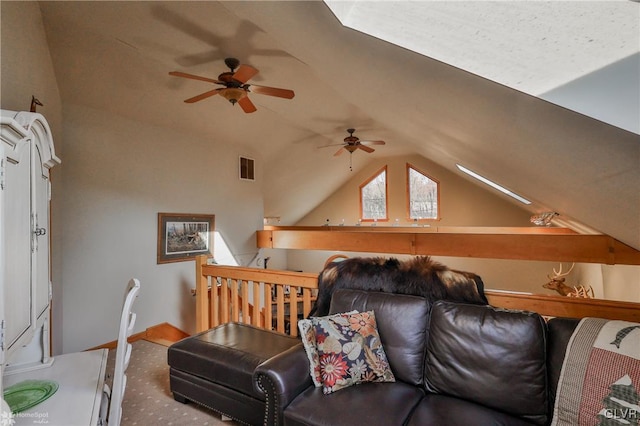 3479 Mango Dr, Lehigh Township, PA 18038 - living area featuring a ceiling fan, vaulted ceiling, carpet floors, and baseboards