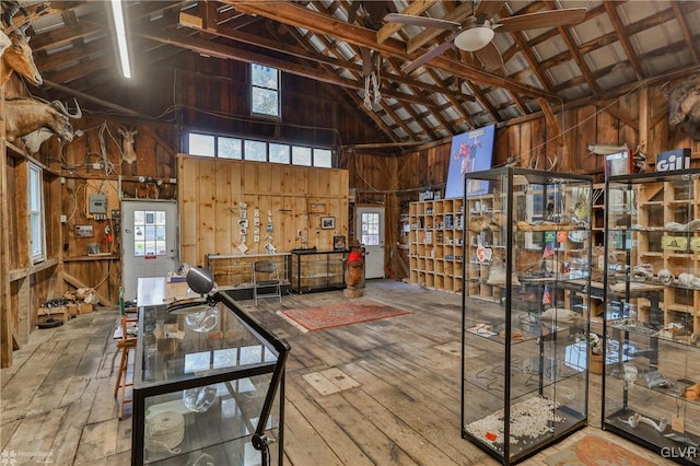 3479 Mango Dr, Lehigh Township, PA 18038 - garage featuring wood walls and a ceiling fan