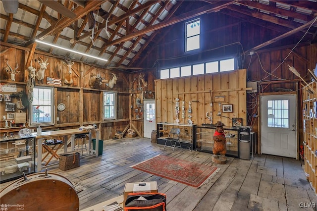 3479 Mango Dr, Lehigh Township, PA 18038 - misc room with high vaulted ceiling, wooden walls, wood-type flooring, and healthy amount of natural light