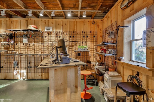 3479 Mango Dr, Lehigh Township, PA 18038 - miscellaneous room with a workshop area, concrete flooring, healthy amount of natural light, and wood walls