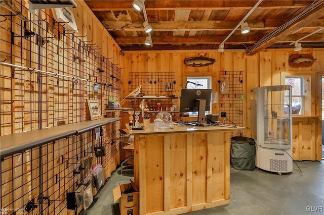 3479 Mango Dr, Lehigh Township, PA 18038 - kitchen featuring wooden ceiling, beamed ceiling, wood walls, and finished concrete floors