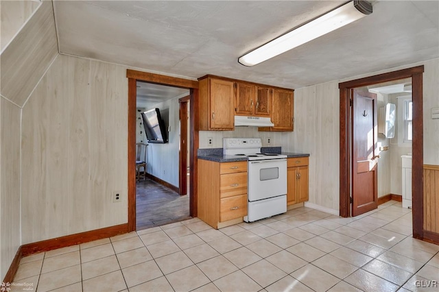 3479 Mango Dr, Lehigh Township, PA 18038 - kitchen with white electric range, under cabinet range hood, dark countertops, baseboards, and brown cabinetry