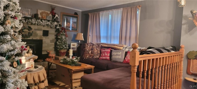 living room with crown molding