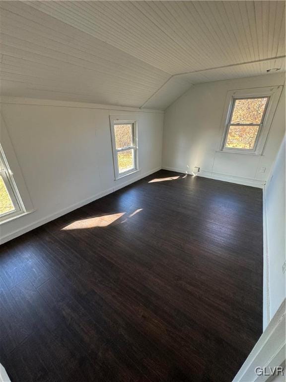 additional living space with dark wood-type flooring and vaulted ceiling