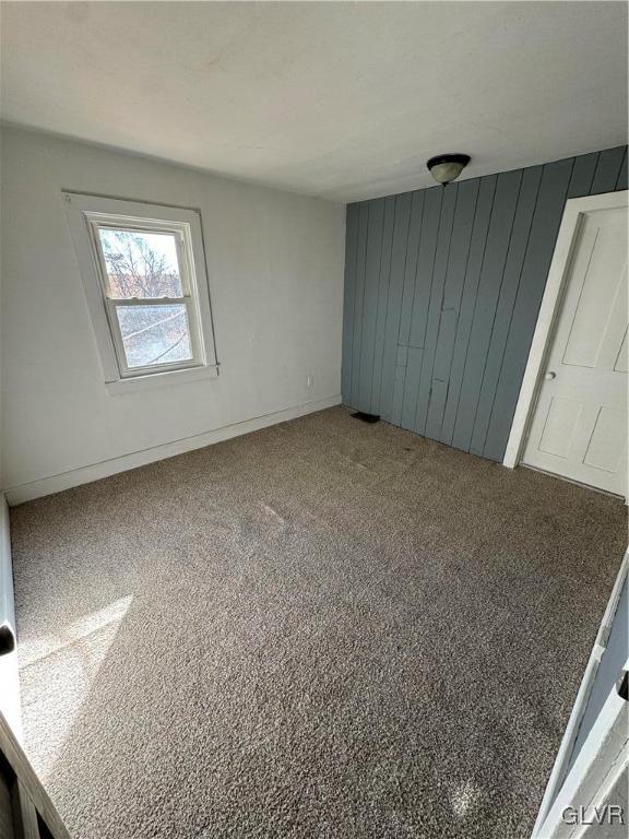 unfurnished bedroom featuring wood walls and carpet floors