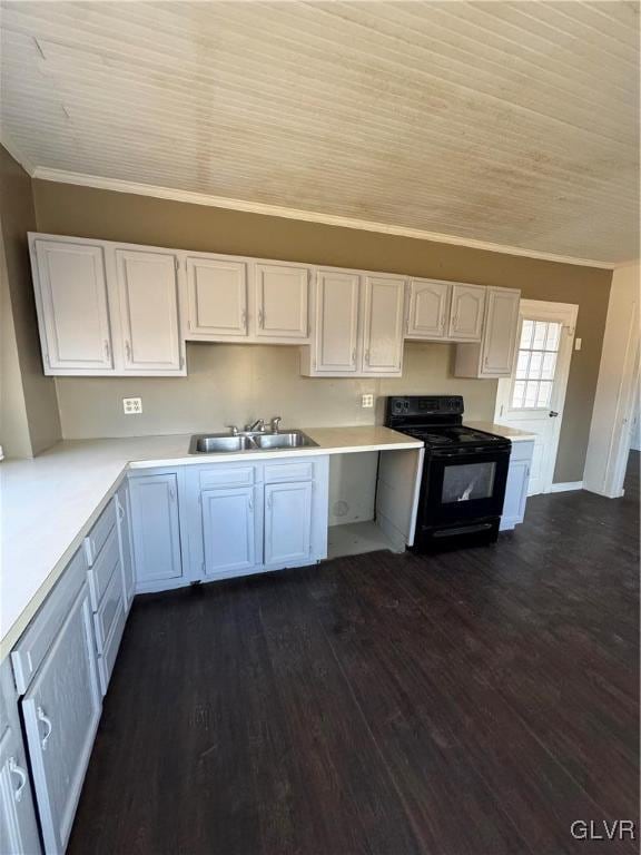 kitchen with white cabinetry, black electric range oven, dark hardwood / wood-style floors, and sink