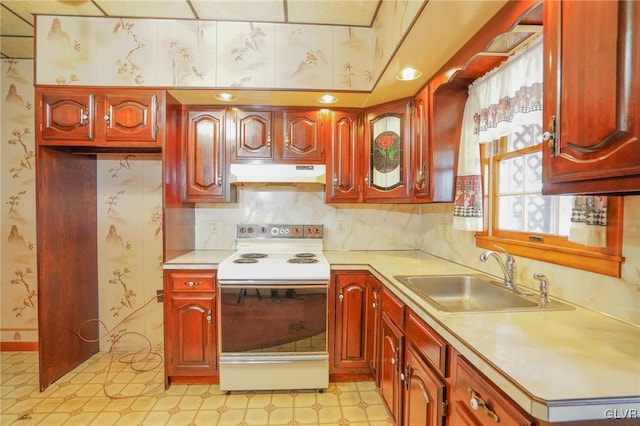 kitchen with sink and white electric stove