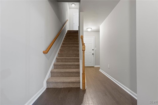 staircase with hardwood / wood-style floors