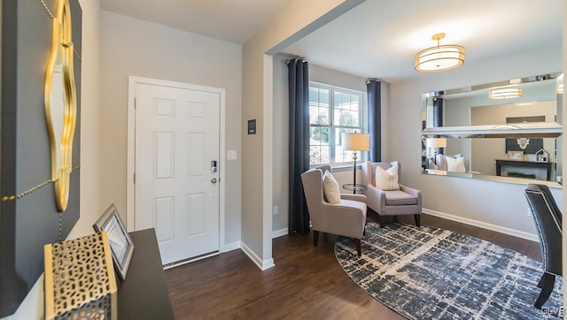 entryway featuring a fireplace and dark wood-type flooring